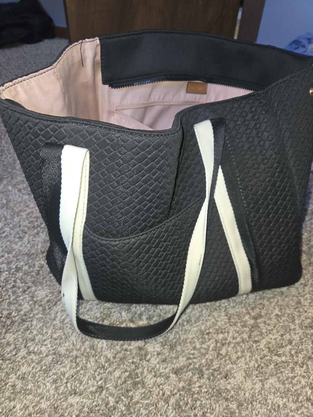 Black Quilted Tote Bag with Cream Straps - Women's Shoulder Bag